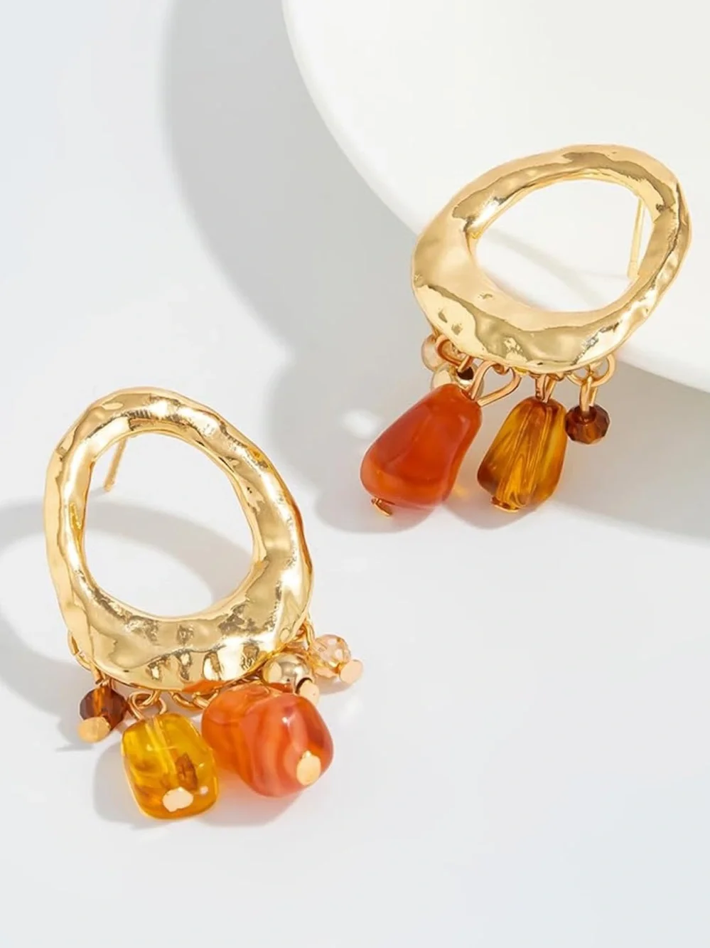 Anthropologie Gold Hoop Earrings with Amber & Orange Beads